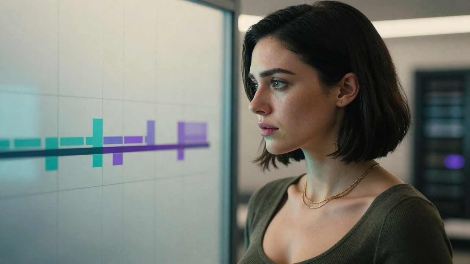A woman closely examining an abstracted validator performance timeline with visible gaps representing skipped leader slots on a frosted glass panel